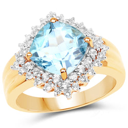 14K Yellow Gold Plated 4.33 Carat Genuine Swiss Blue Topaz and White Topaz .925 Sterling Silver Ring