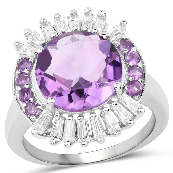 5.20 Carat Genuine Amethyst and White Topaz .925 Sterling Silver Ring