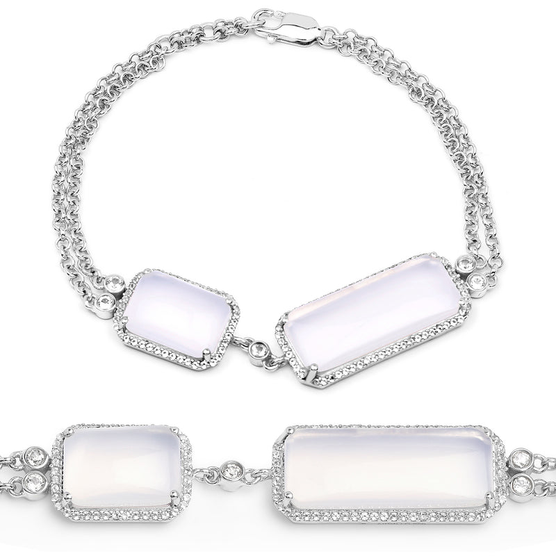 14.45 Carat Genuine White Agate and White Topaz .925 Sterling Silver Bracelet