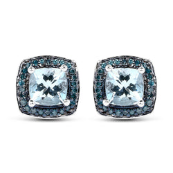 1.16 Carat Genuine Aquamarine and Blue Diamond .925 Sterling Silver Earrings