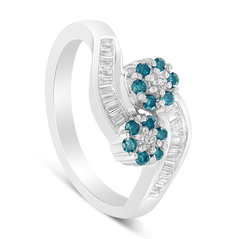 10k White Gold 1/2ct TDW Treated Blue Round and Baguette Diamond Floral Accent Ring(H-I SI1-SI2)