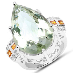 19.99 Carat Genuine Green Amethyst, Golden Citrine & White Topaz .925 Sterling Silver Ring