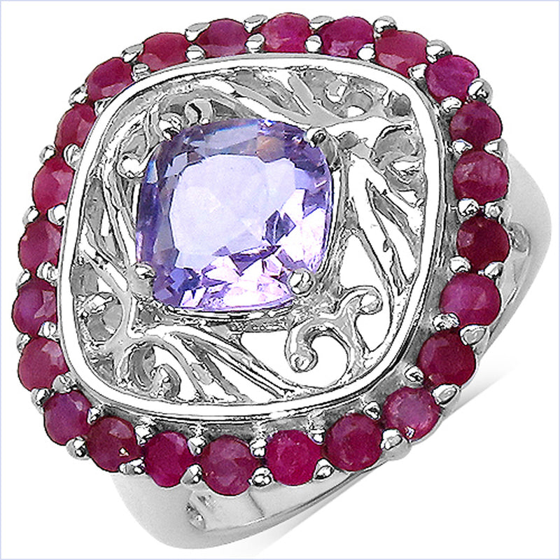 2.23 Carat Genuine Amethyst and Ruby .925 Sterling Silver Ring