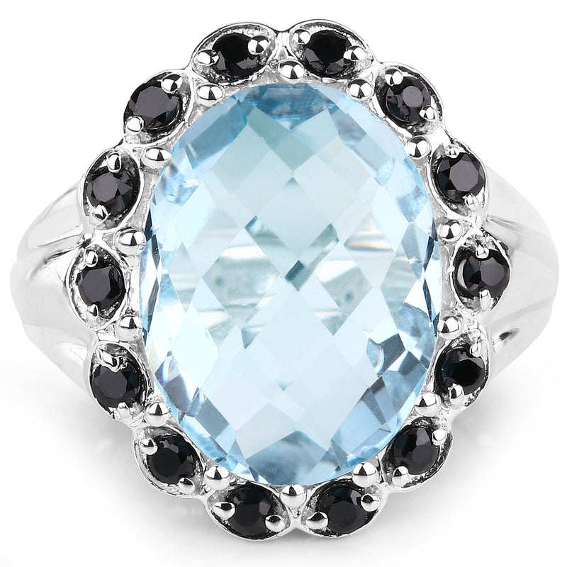 12.49 Carat Genuine Blue Topaz & Black Spinel .925 Sterling Silver Ring