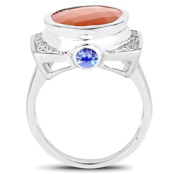 5.99 Carat Genuine Peach Moonstone, Tanzanite and White Topaz .925 Sterling Silver Ring