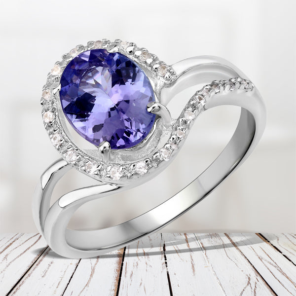 1.82 Carat Genuine Tanzanite and White Zircon .925 Sterling Silver Ring