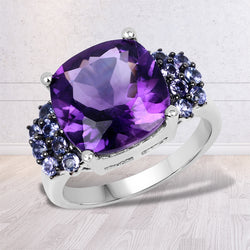 6.34 Carat Genuine Amethyst and Tanzanite .925 Sterling Silver Ring