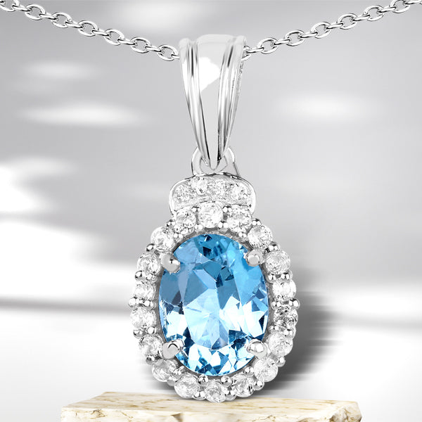 2.42 Carat Genuine London Blue Topaz and White Topaz .925 Sterling Silver Pendant