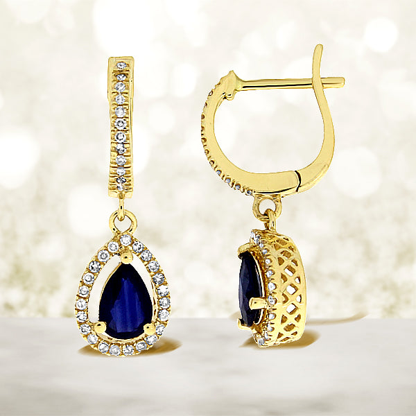 Sapphire Diamond Dangle Earrings 14KT Yellow Gold