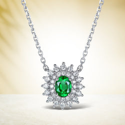 14K White Gold Emerald and Diamond Pendant Necklace for Women