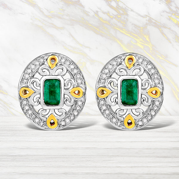 0.69 Carat Genuine Zambian Emerald and White Diamond .925 Sterling Silver Earrings