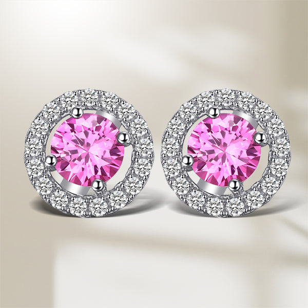 925 Sterling Silver Round 1.30 Carat Created Pink Sapphire Stud Earrings for Women