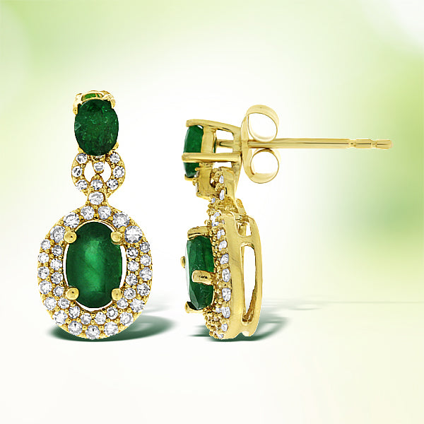 1.99ct Emerald Diamond Dangle Earrings 14KT Yellow Gold