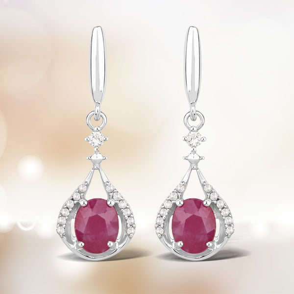 0.70 Carat Genuine Ruby and White Diamond 14K White Gold Earrings