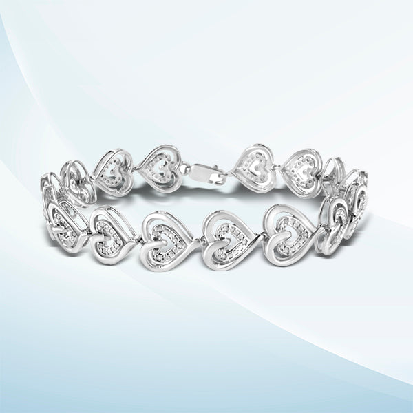 .925 Sterling Silver 1/4 Cttw Round-Cut Diamond Double Heart Link Bracelet (I-J Color, I2-I3 Clarity) - 7.25" Inches