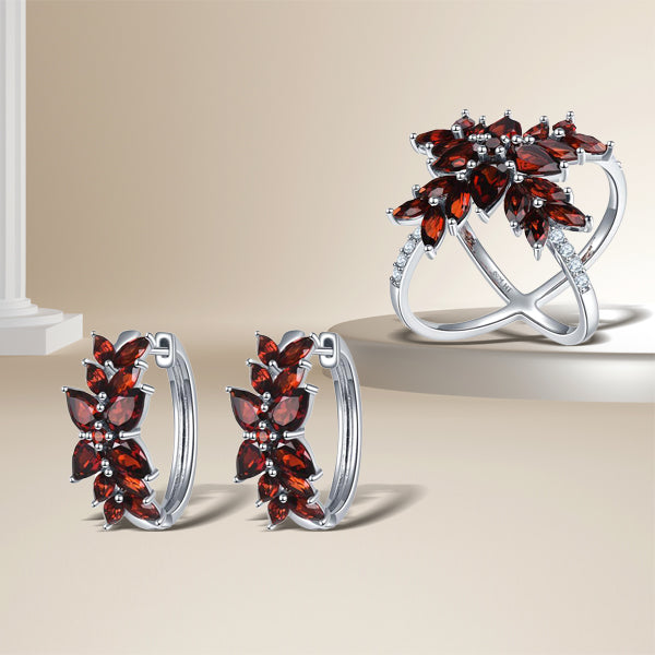 925 Sterling Silver Garnet Cluster Earrings & Ring Set for Women