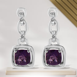 .925 Sterling Silver 6x6MM Cushion Shaped Natural Purple Amethyst and Diamond Accent Drop and Dangle Earrings (I-J Color, I1-I2 Clarity)