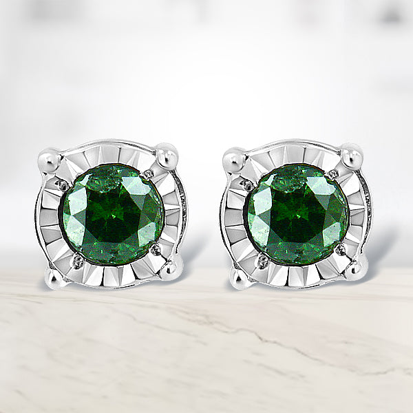 Sterling Silver Rose Cut Treated Green Diamond Solitaire Stud Earrings (0.25 cttw, Green Color, I2-I3 Clarity)