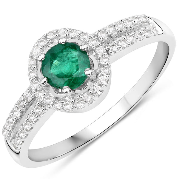 0.65 Carat Genuine Zambian Emerald and White Topaz .925 Sterling Silver Ring