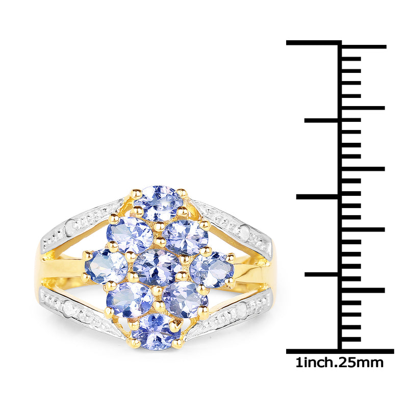 14K Yellow Gold Plated 1.59 Carat Genuine Tanzanite and White Topaz .925 Sterling Silver Ring