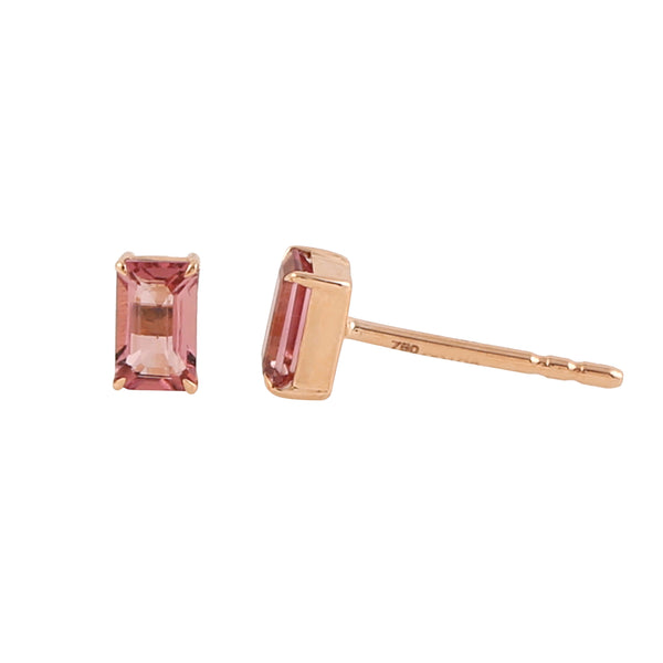 Emerald Cut Pink Tourmaline Stud Earrings Solid 18k Yellow Gold Fine Jewelry