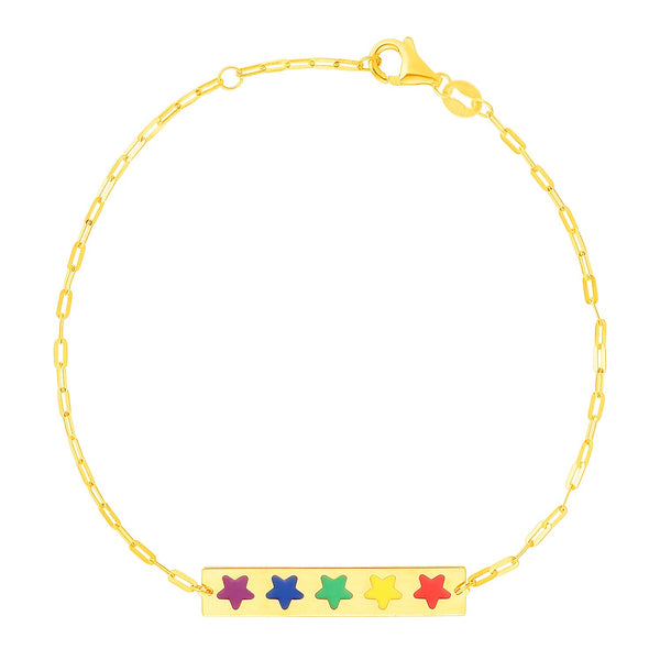 14k Yellow Gold 7 inch Bar Bracelet with Rainbow Enamel Stars