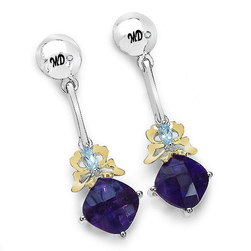 3.79 Carat Genuine Amethyst, Blue Topaz & White Diamond .925 Sterling Silver Earrings