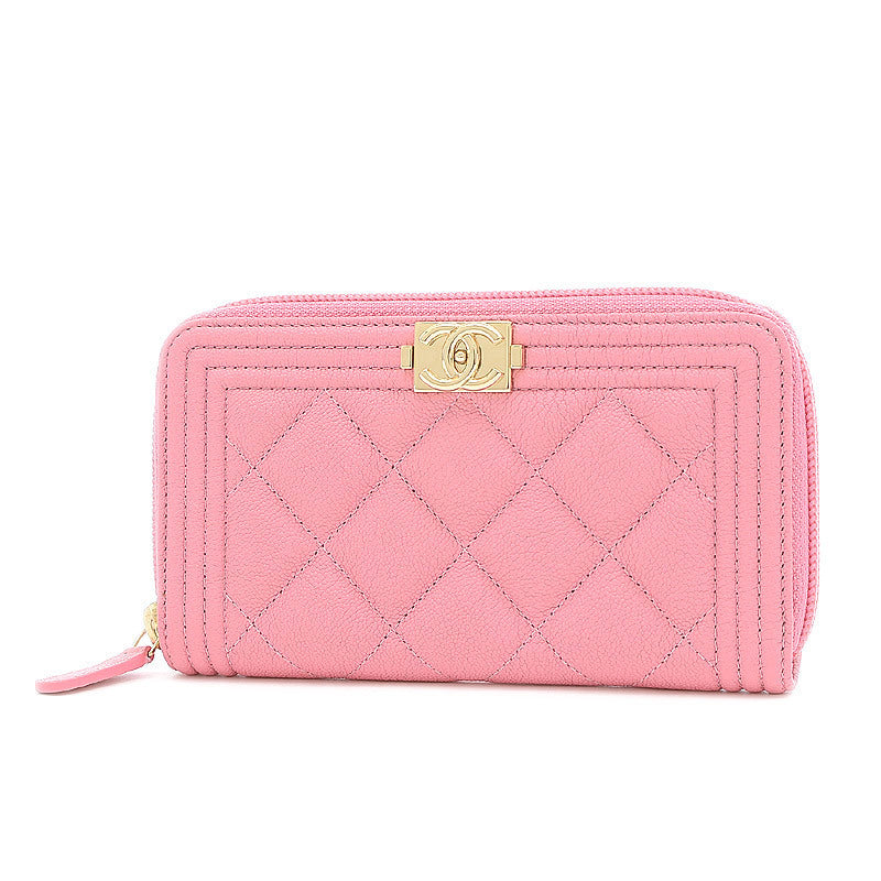Chanel Boy Zip Wallet Round Medium Leather Pink