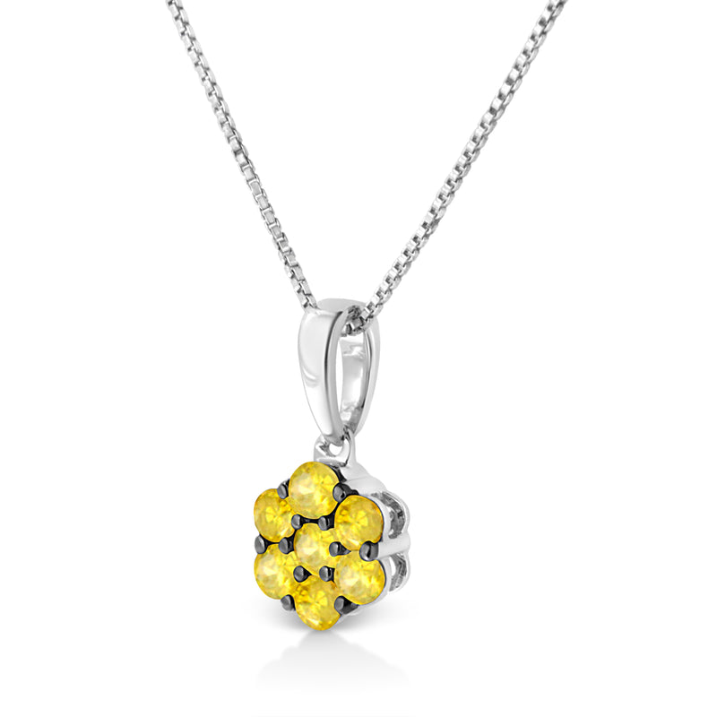 .925 Sterling Silver 1/4 Cttw Color Treated Yellow Color Prong Set Diamond Floral 18" Pendant Necklace (Yellow Color, I1-I2 clarity)