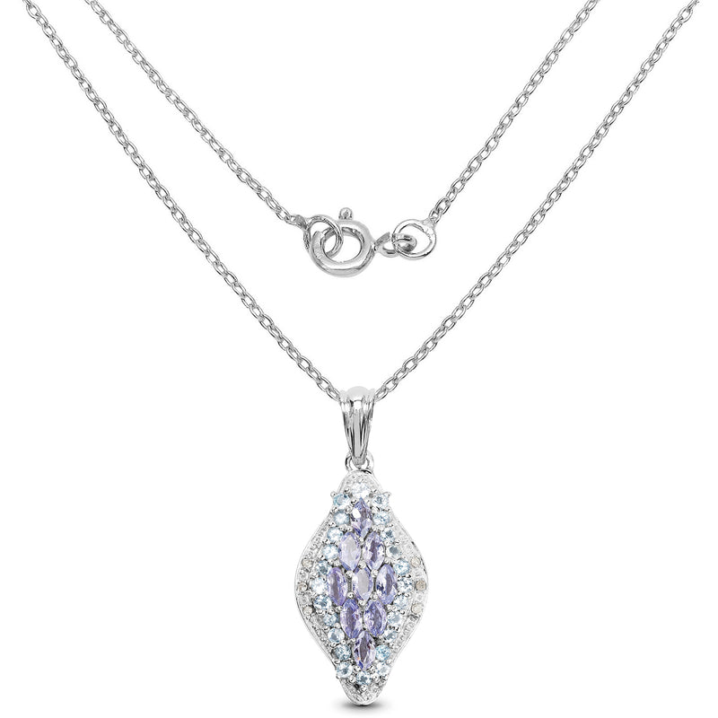 2.15 Carat Genuine Tanzanite, Blue Topaz and White Diamond .925 Sterling Silver Pendant