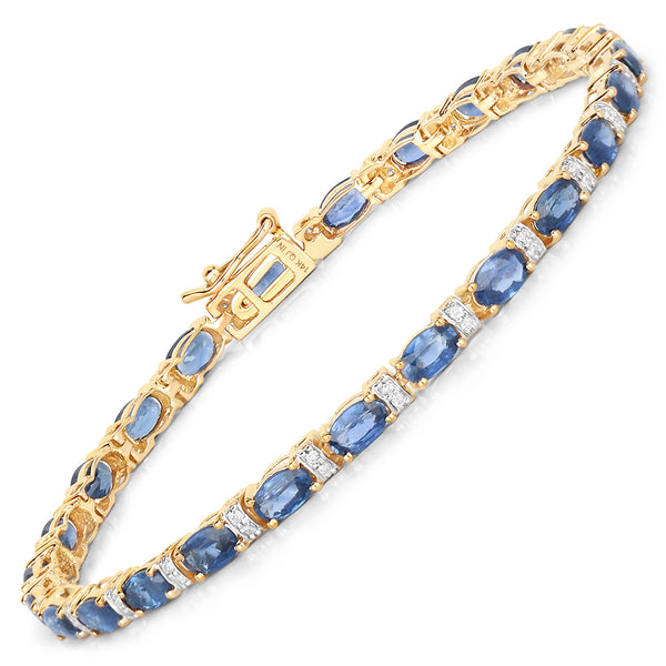 5.73 Carat Genuine Blue Sapphire and White Diamond 14K Yellow Gold Bracelet