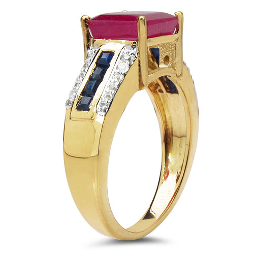 14K Yellow Gold Plated 3.83 Carat Genuine Glass Filled Ruby, Blue Sapphire & White Topaz .925 Sterling Silver Ring
