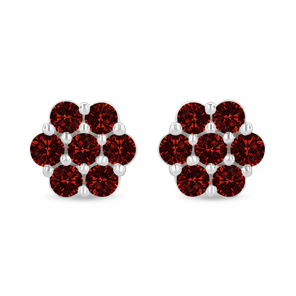 14K White Gold 1.0 Cttw Treated Red Diamond Prong Set 7 Stone Floral Stud Earrings (Treated Red Color, SI2-I1 Clarity)