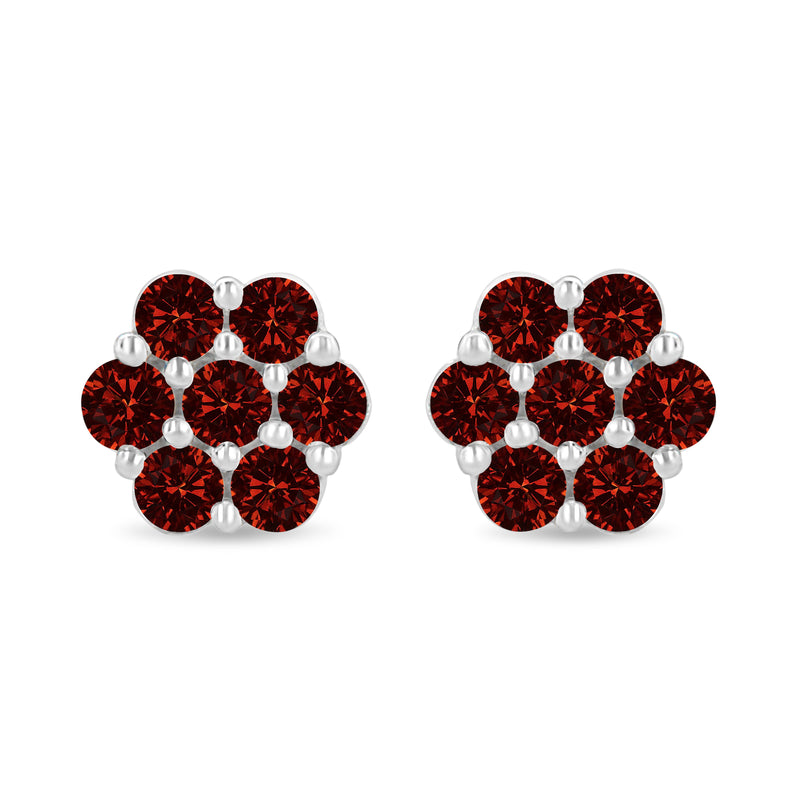 14K White Gold 1.0 Cttw Treated Red Diamond Prong Set 7 Stone Floral Stud Earrings (Treated Red Color, SI2-I1 Clarity)