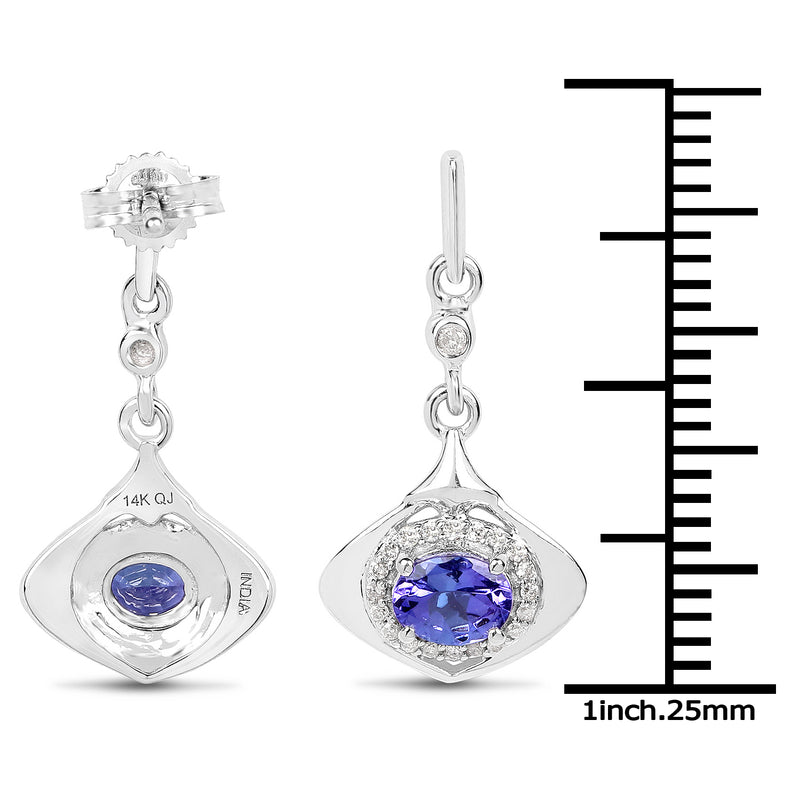 0.78 Carat Genuine Tanzanite and White Diamond 14K White Gold Earrings