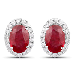 1.23 Carat Genuine Ruby and White Diamond 18K White Gold Earrings