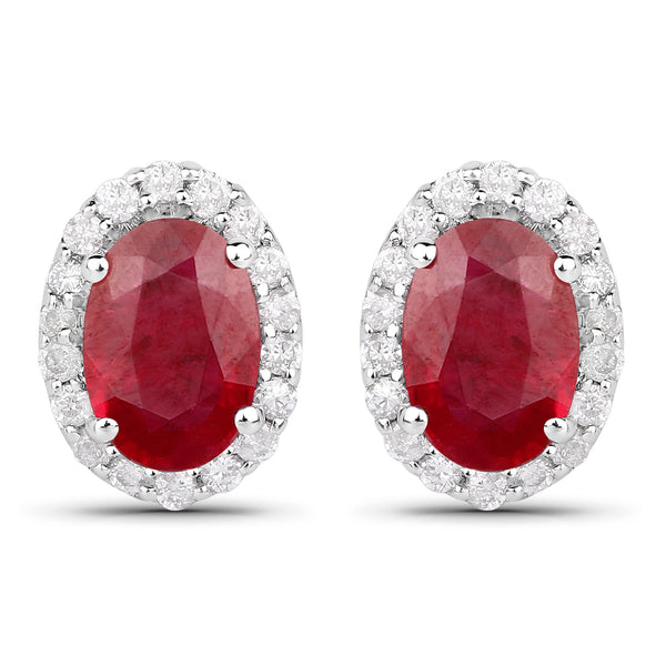 1.23 Carat Genuine Ruby and White Diamond 18K White Gold Earrings