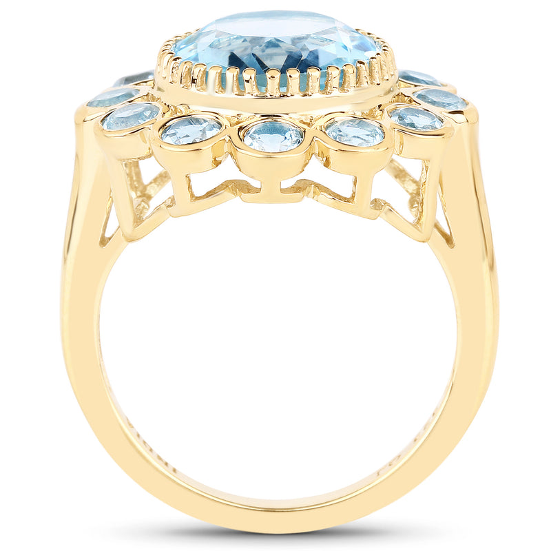 14K Yellow Gold Plated 6.59 Carat Genuine Blue Topaz .925 Sterling Silver Ring