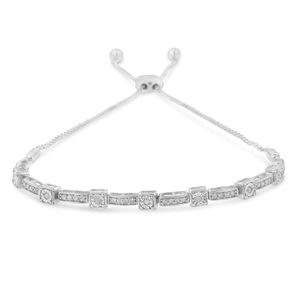 .925 Sterling Silver 1/4 Cttw Diamond 4”-10” Adjustable Bolo Alternating Square and Rectangle Bolo Bracelet (I-J Color, I3 Clarity)