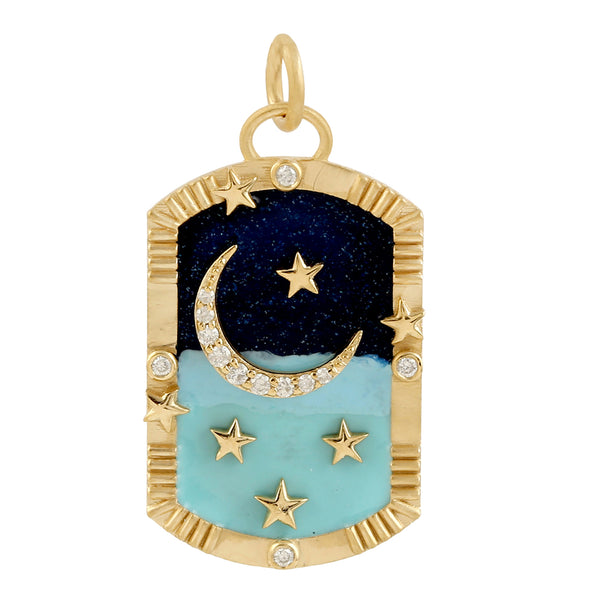 Natural Diamond Star & Moon Enamel Charm Pendant 14k Yellow Gold Fine Jewelry