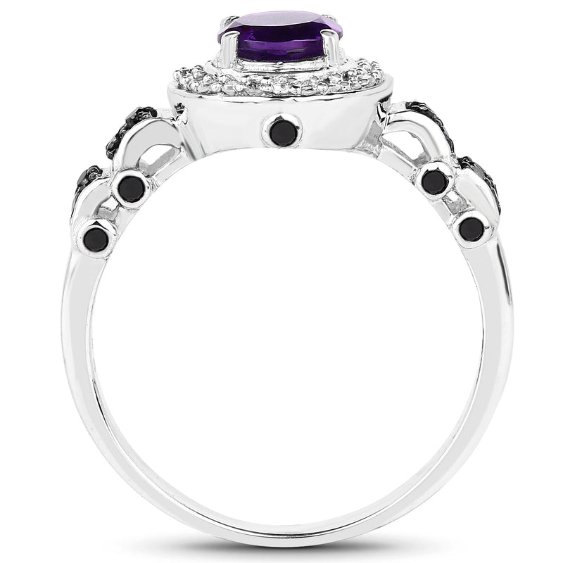 1.02 Carat Genuine Amethyst, Black Diamond & White Diamond .925 Sterling Silver Ring