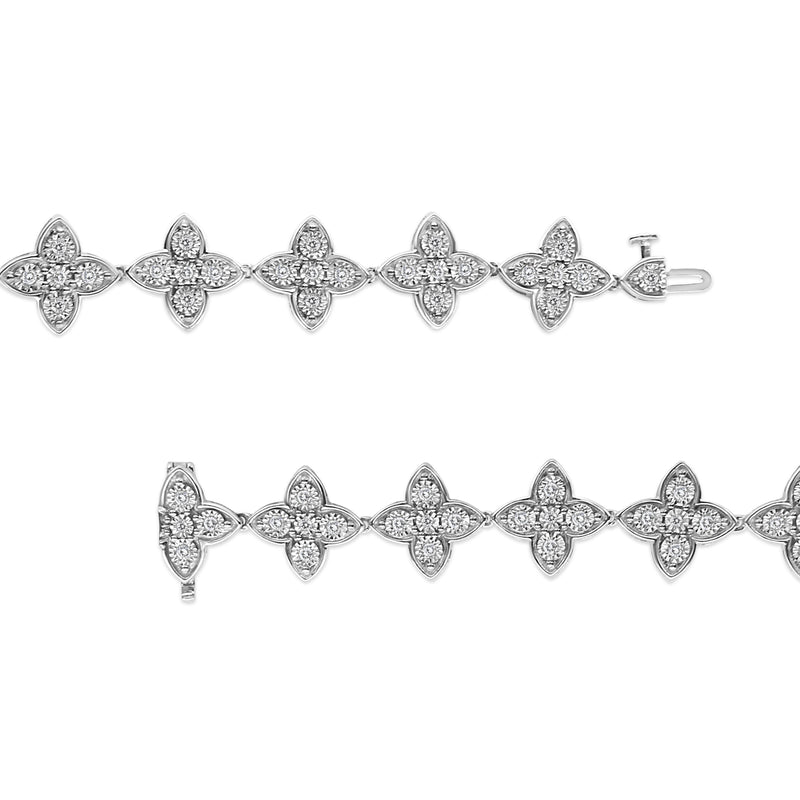 .925 Sterling Silver 1.0 cttw Miracle-Set Diamond 4 Leaf Clover Link Bracelet (I-J Clarity, I3 Color) - Size 7.25"