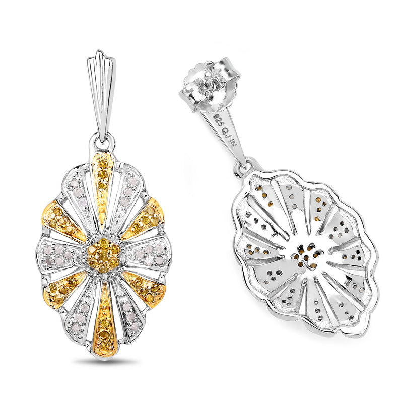 0.54 Carat Genuine White Diamond and Yellow Diamond .925 Sterling Silver Earrings