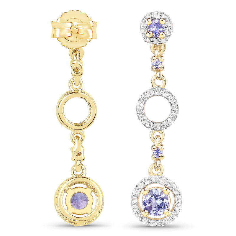 14K Yellow Gold Plated 1.09 Carat Genuine Tanzanite and White Topaz .925 Sterling Silver Earrings