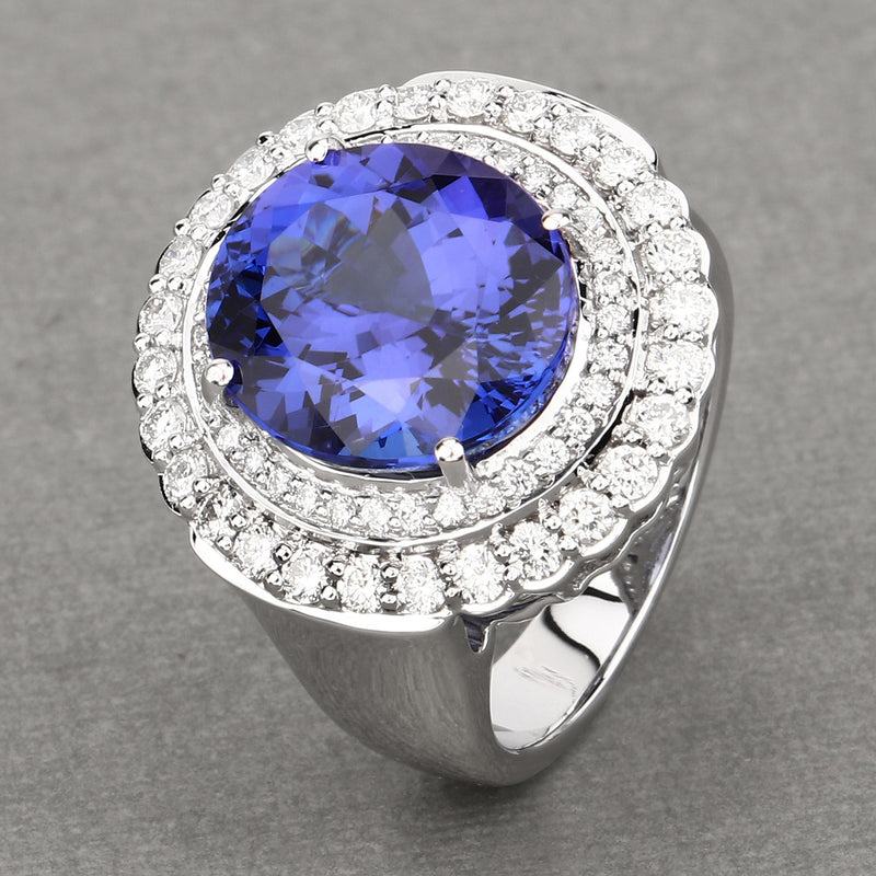 10.79 Carat Genuine Tanzanite and White Diamond 18K White Gold Ring