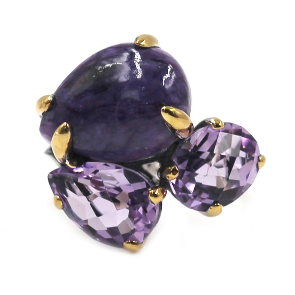 925 Sterling Silver Women Cocktail Ring Pink Amethyst and Charoite