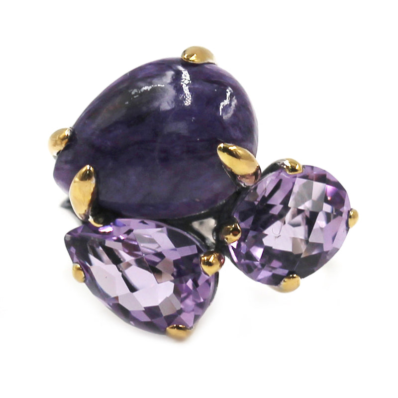 925 Sterling Silver Women Cocktail Ring Pink Amethyst and Charoite