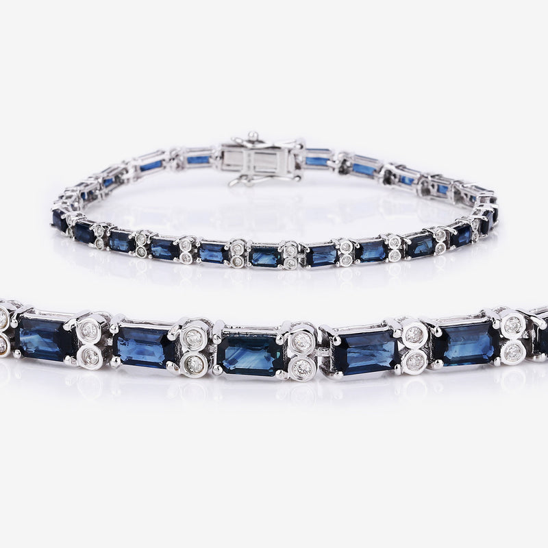 9.57 Carat Genuine Blue Sapphire and White Diamond 14K White Gold Bracelet