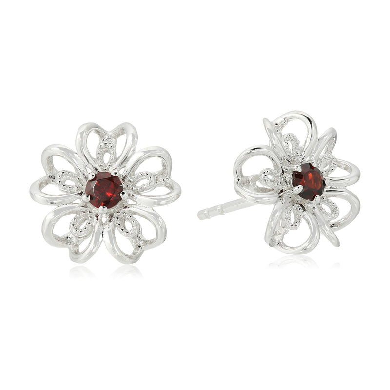 925 Sterling Silver Women Floral Stud Earring Red Garnet