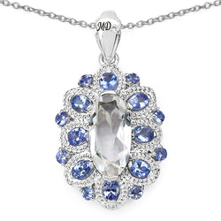 6.10 Carat Genuine Crystal Quartz, Tanzanite & White Diamond .925 Sterling Silver Pendant